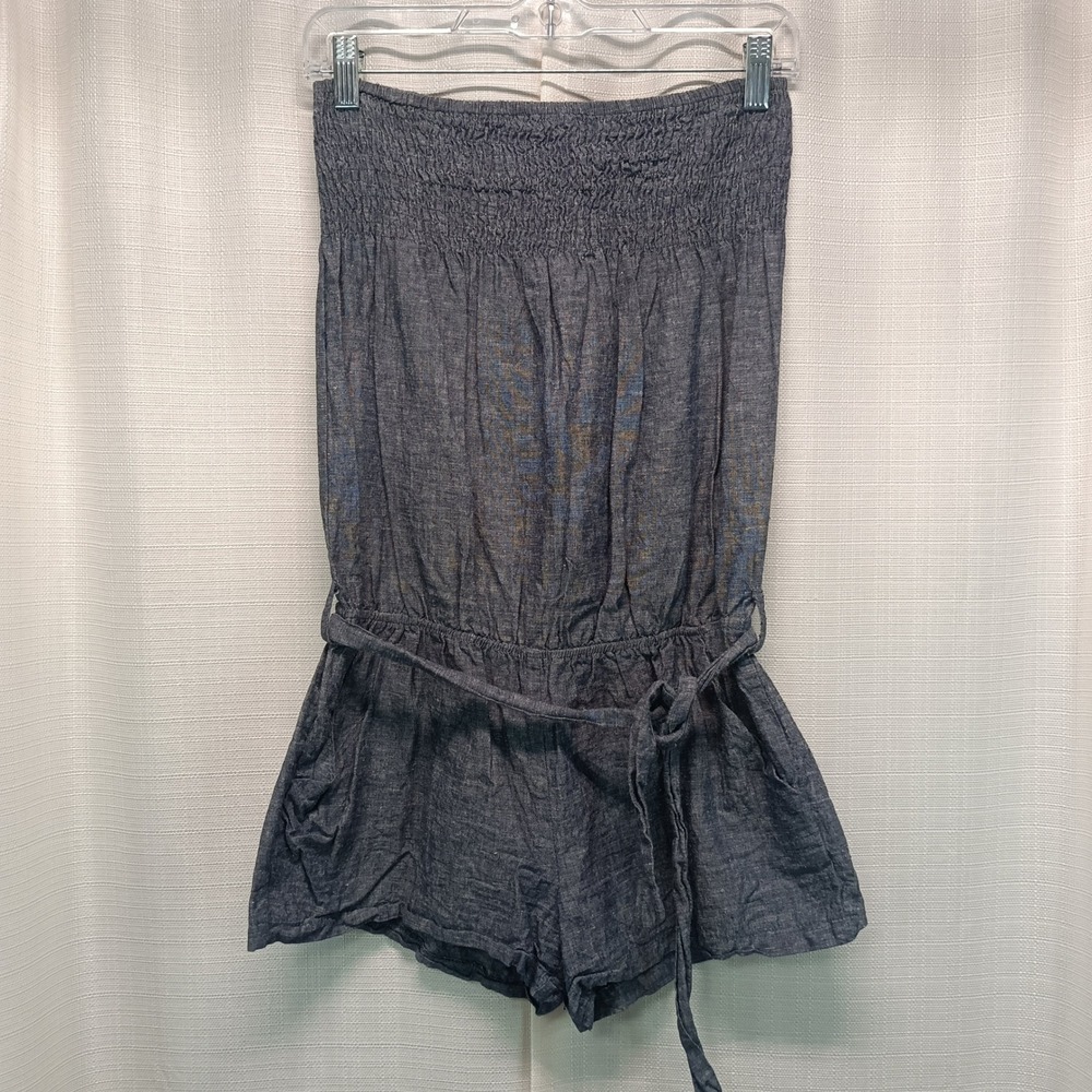 Alythea Blue Linen‎ Blend Strapless Smocked Romper Womens M Belted Beach Casual